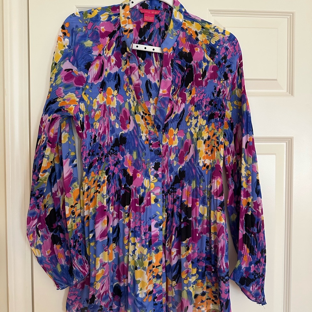 Sunny Leigh Multicolor Floral Pleated Blouse - Blue, Purple & Yellow
